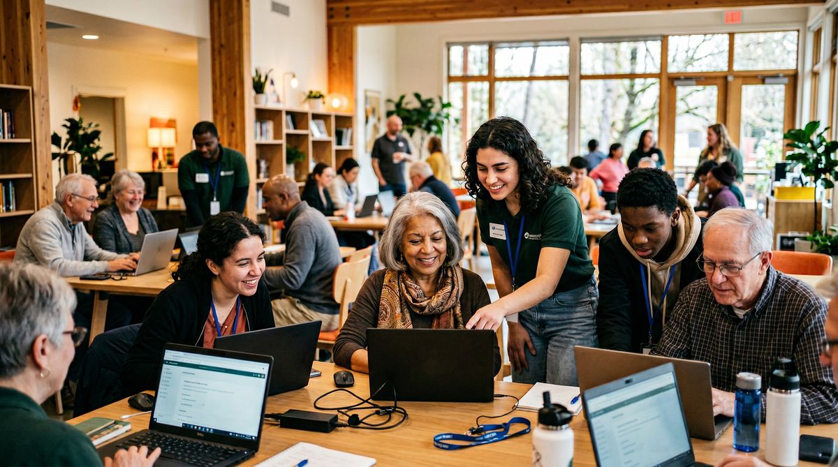 Inclusive community event promoting technology and teamwork for social impact.