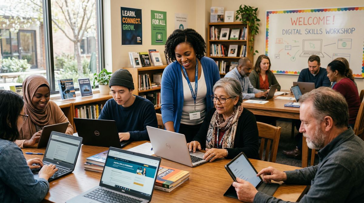 Group of diverse adults participating in a digital skills workshop at H3LPRS.