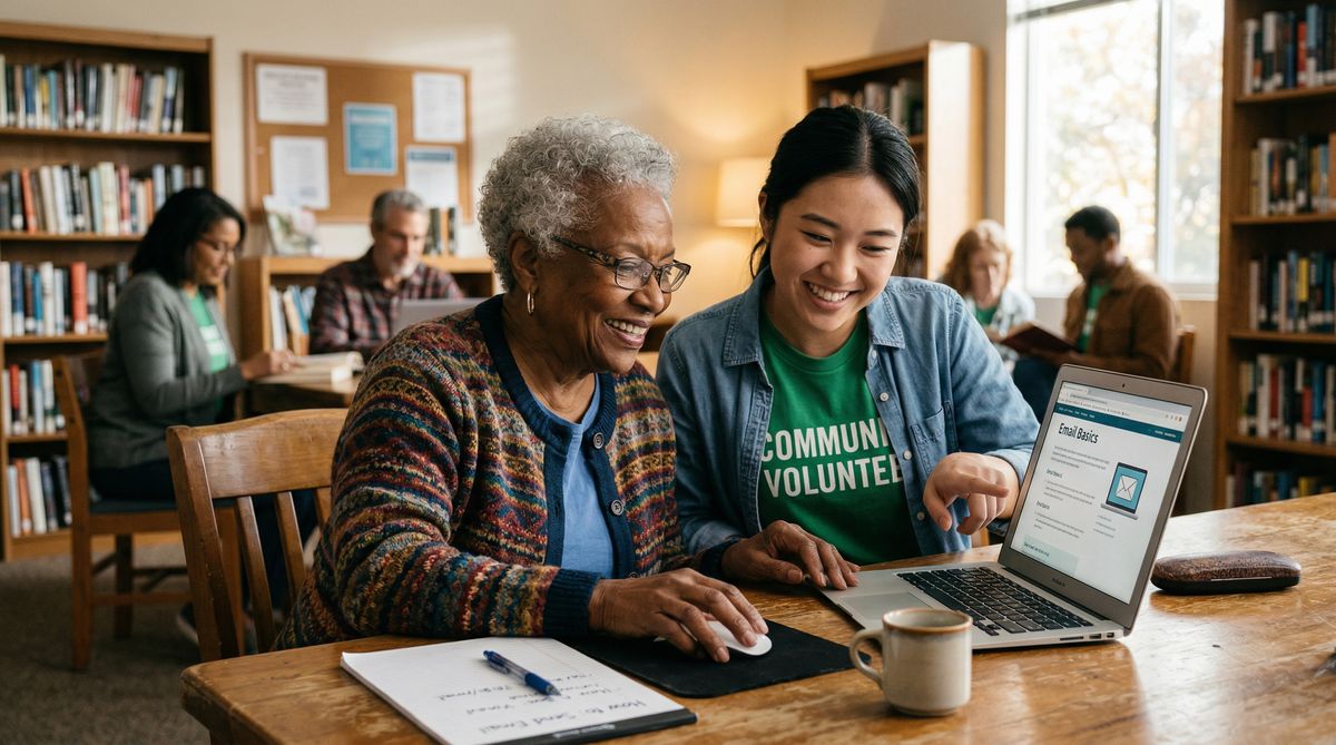 Senior citizen learning technology with patient help from an H3LPRS digital equity nonprofit volunteer