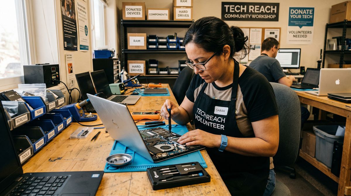 Volunteer refurbishing donated computer at H3LPRS digital equity nonprofit technology lab in Pascagoula